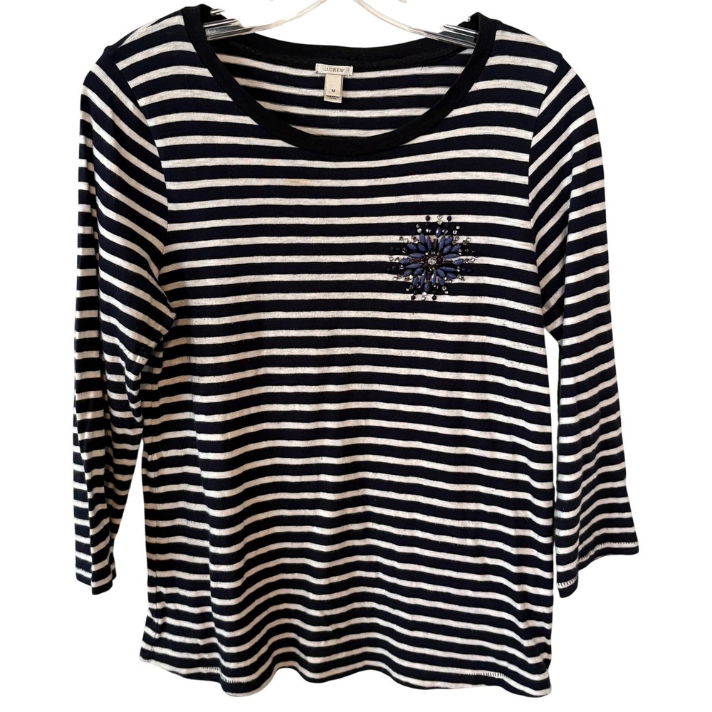 J. Crew Women's Beaded Detail Striped Cotton Long Sleeved Tee Shirt in‎ Size M